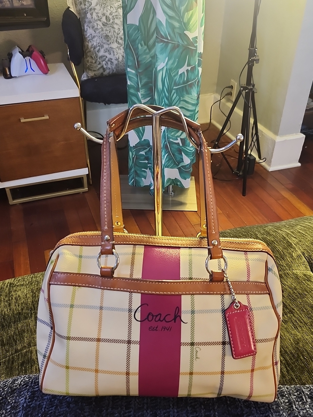 Coach Tattersall Satchel Women's Plaid Bag in Cream with Pink Stripe